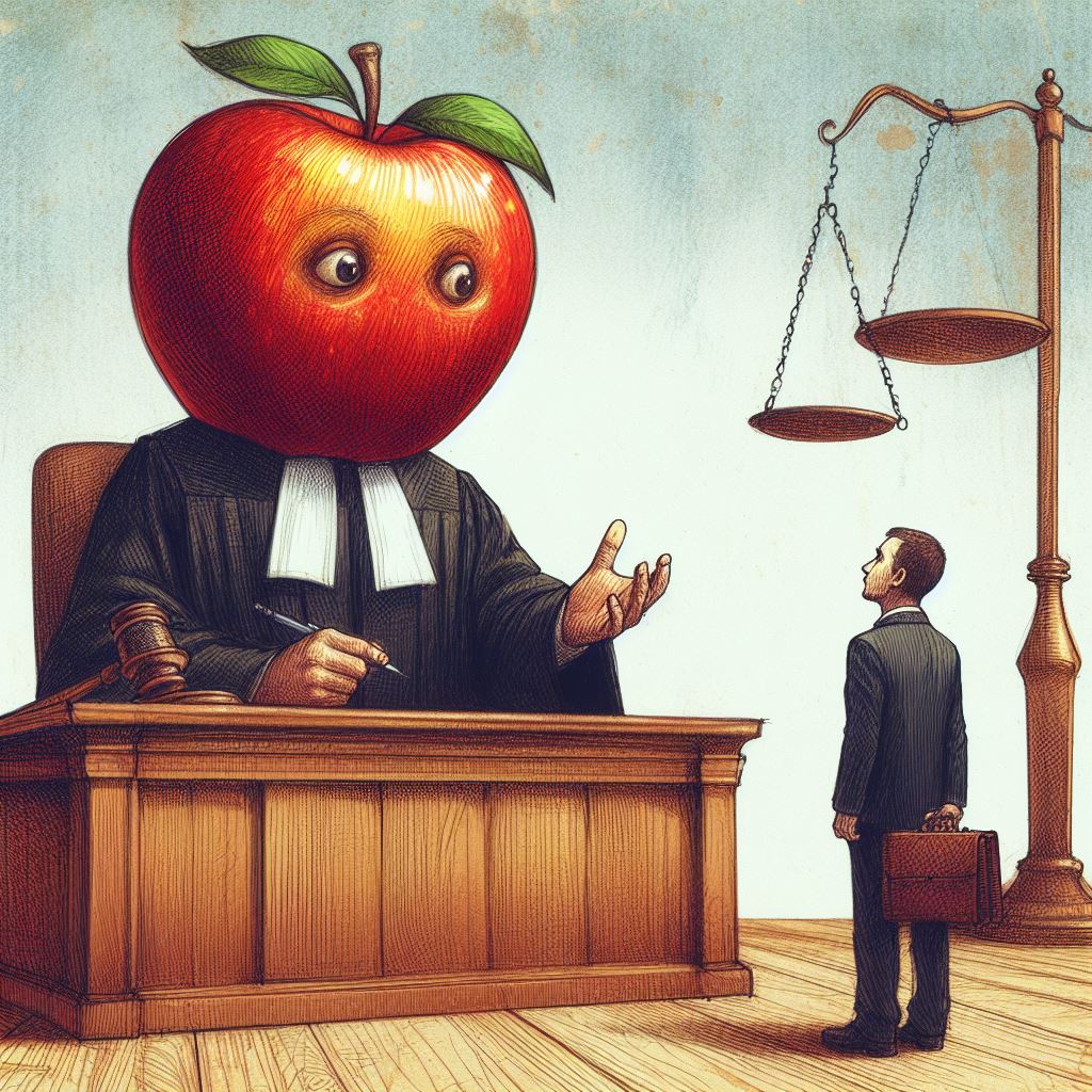 A judge with an apple for his head, sentencing an innocent man with a briefcase in an empty courtroom